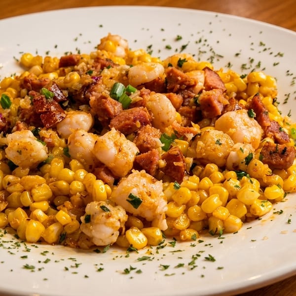 A white plate filled with corn, shrimp, and sausage, garnished with parsley.