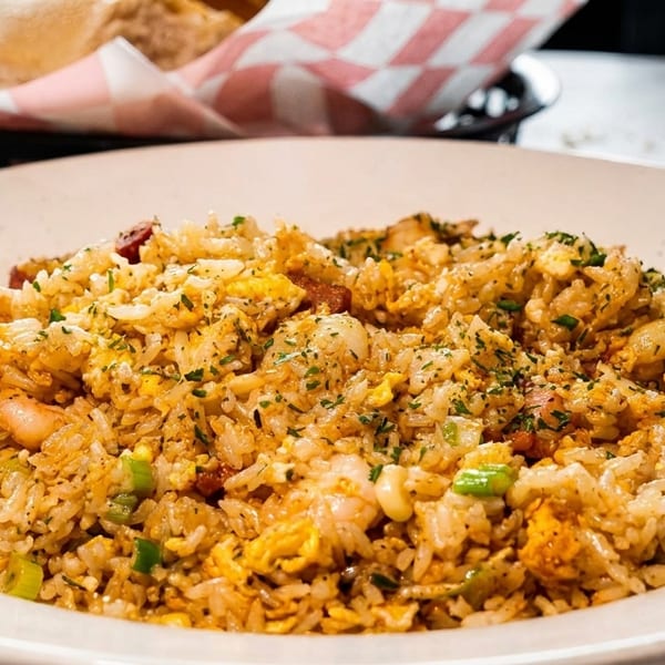 Close-up of a large plate of fried rice with shrimp, egg, and green onions.
