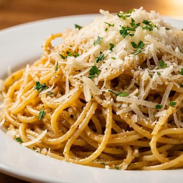 Close-up of spaghetti with a creamy sauce, topped with grated Parmesan cheese and fresh parsley.