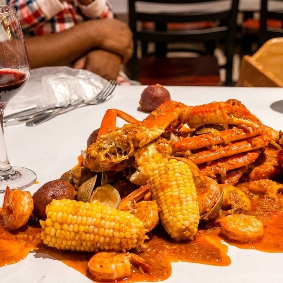 A messy seafood boil with crab, lobster, shrimp, corn, and potatoes on a white paper-covered table.